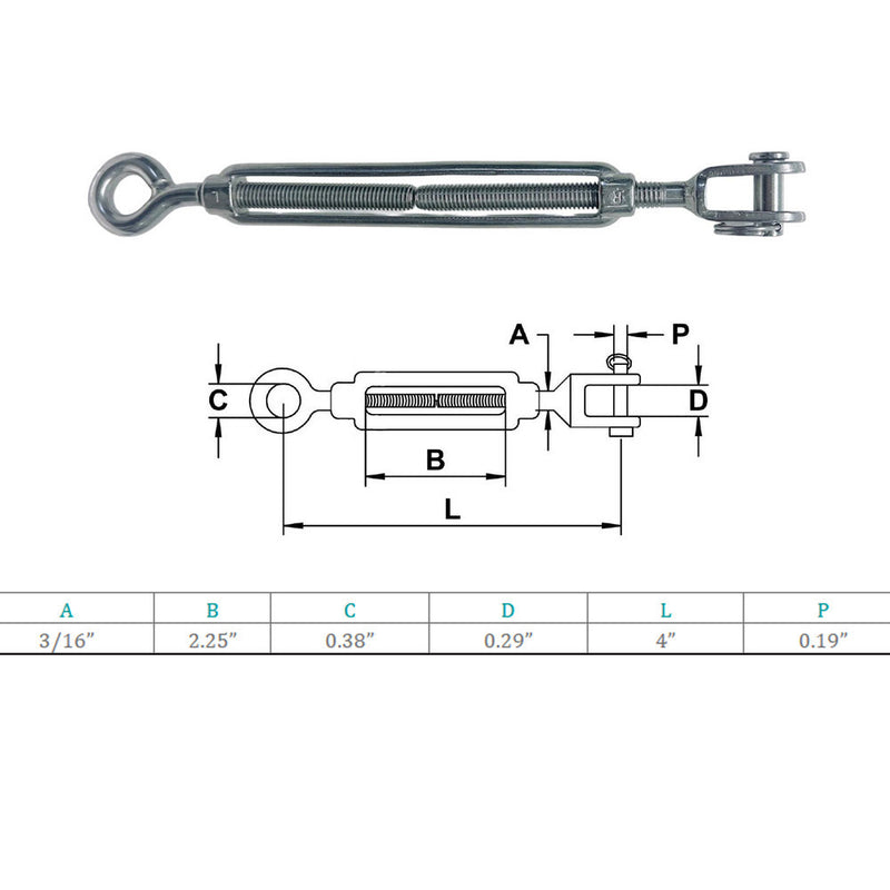 4 Pc Marine Boat Stainless Steel 3/16" x 2-1/4" Jaw Eye Turnbuckle 320 Lbs WLL