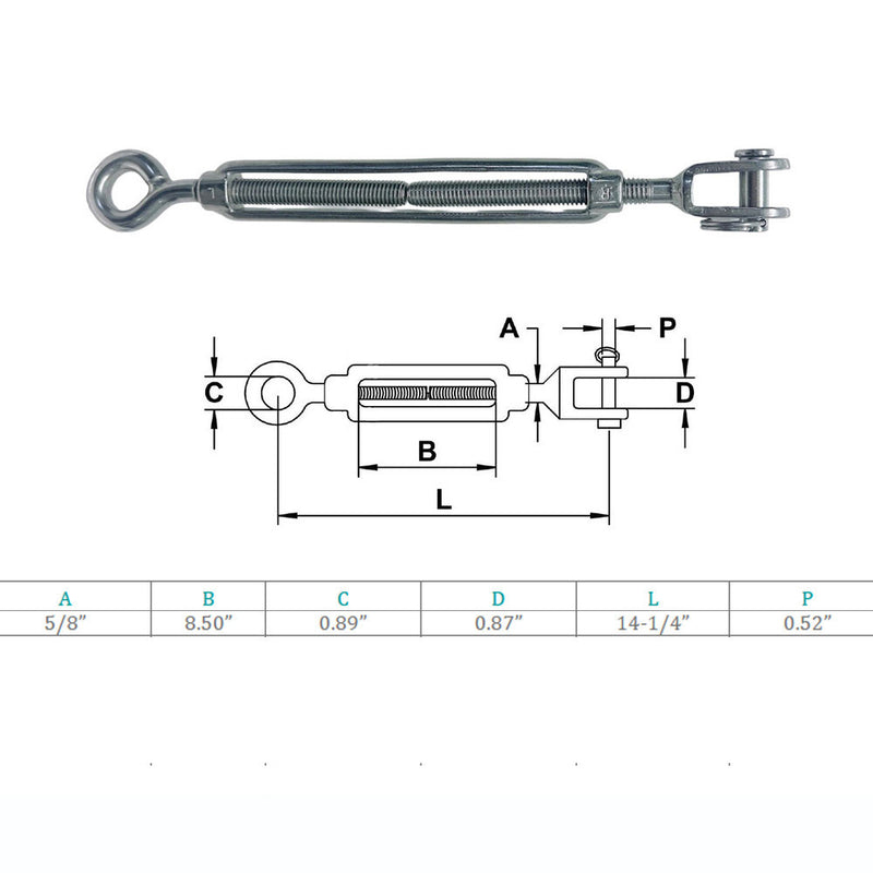 Marine Boat Stainless Steel 5/8" x 8-1/2" Jaw Eye Turnbuckle 2800 Lbs WLL