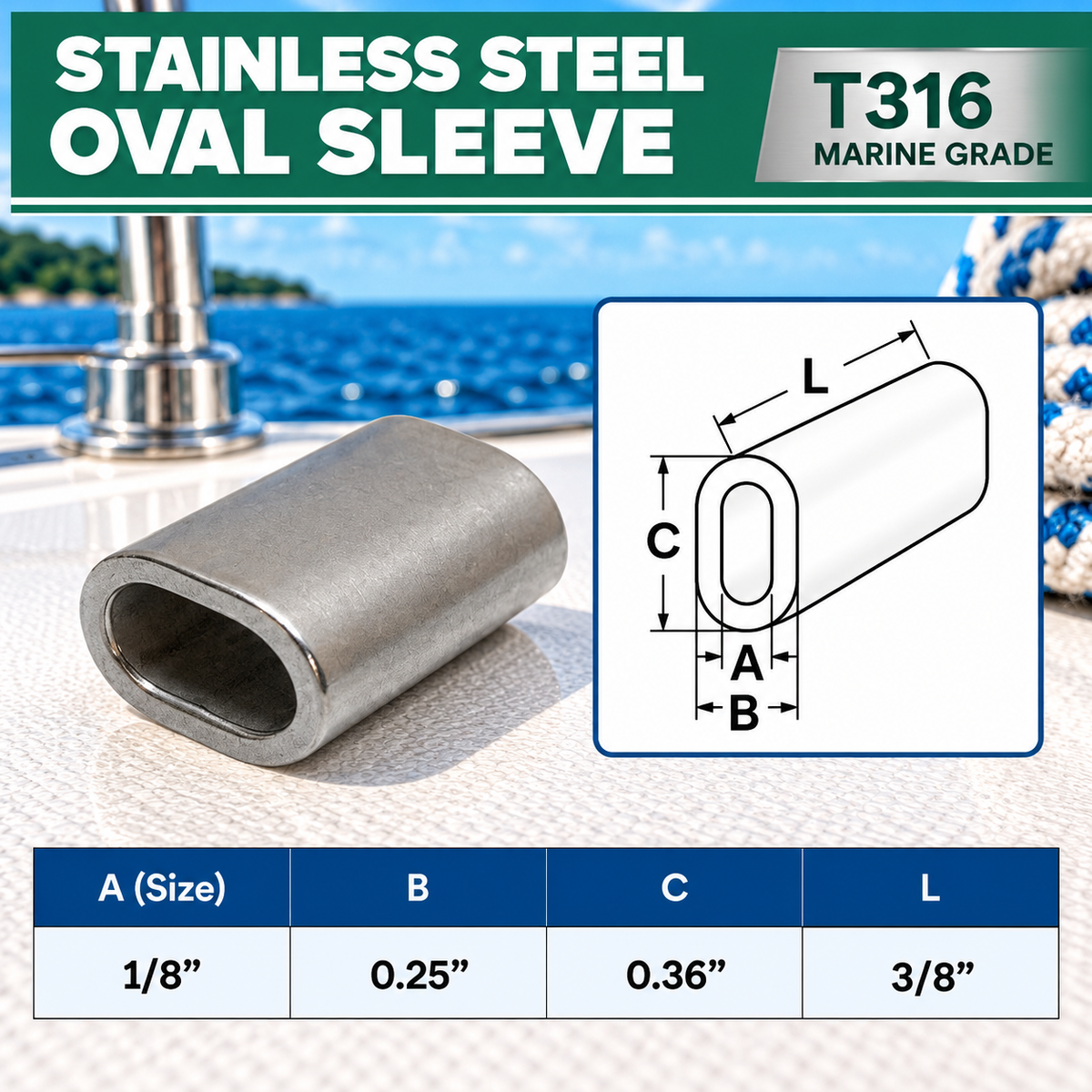 10 Pc Set Marine T316 Stainless Steel Wire Rope Oval Sleeve, Cable Crimp Sleeve Fittings for Rigging and Railing