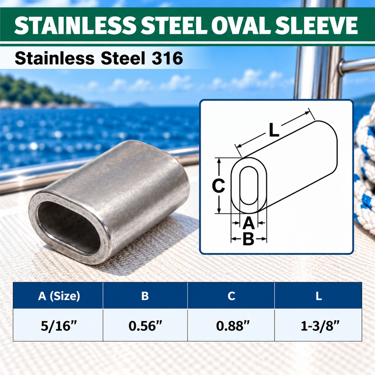 10 Pc Set Marine T316 Stainless Steel Wire Rope Oval Sleeve, Cable Crimp Sleeve Fittings for Rigging and Railing