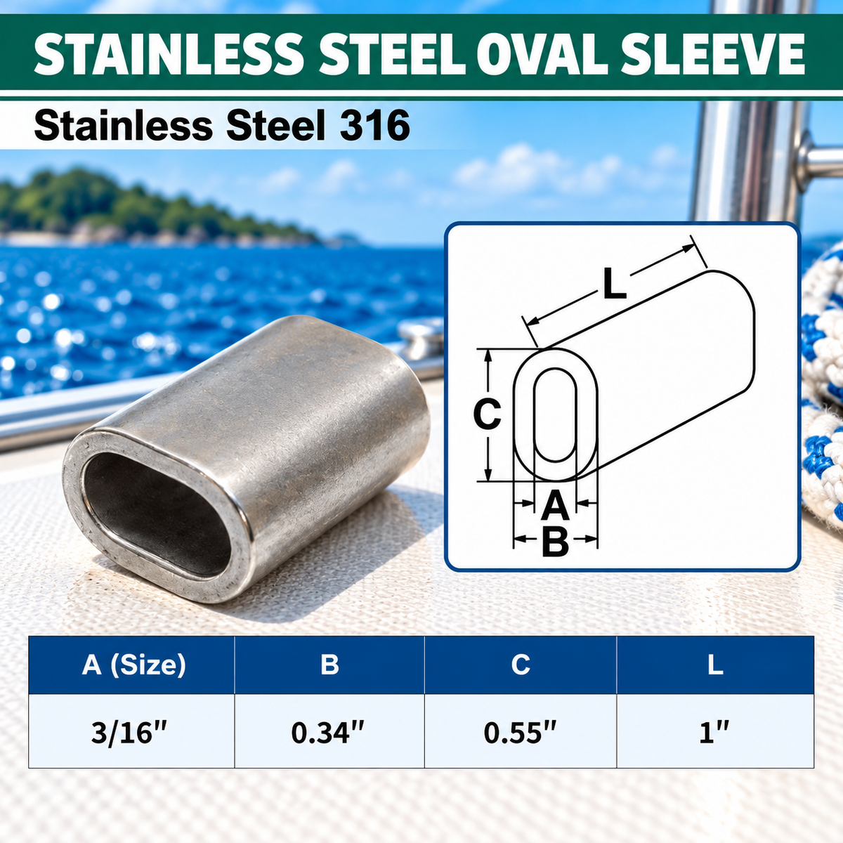 10 Pc Set Marine T316 Stainless Steel Wire Rope Oval Sleeve, Cable Crimp Sleeve Fittings for Rigging and Railing