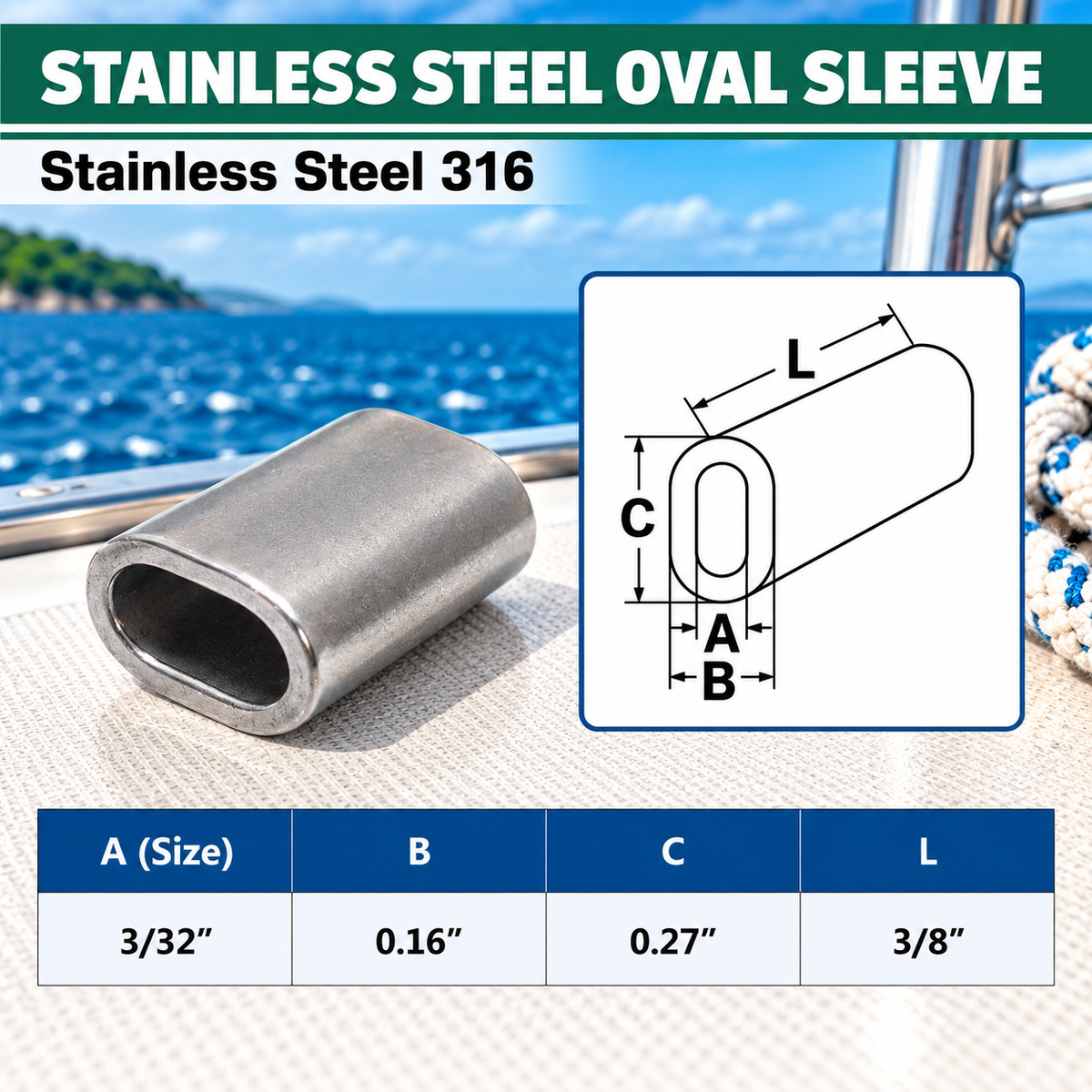 10 Pc Set Marine T316 Stainless Steel Wire Rope Oval Sleeve, Cable Crimp Sleeve Fittings for Rigging and Railing