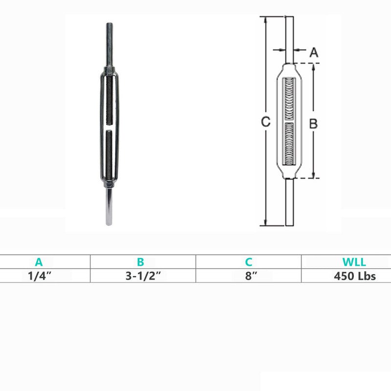 Marine Boat Stainless Steel 1/4" x 2-3/4" Stub End Turnbuckle WLL 450 Lbs