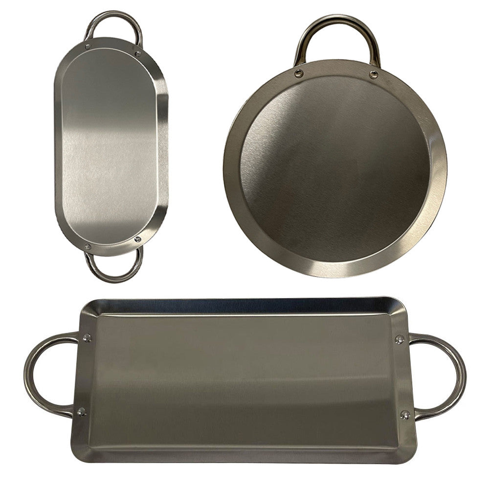 ROUND, OVAL, RECTANGULAR Stainless Steel Serving Platter – Ottoman Tray with Handles for Kitchen, Parties & Decorative Display