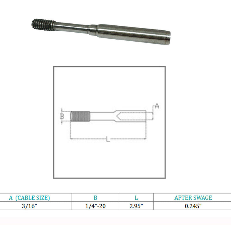 Stainless Steel T316 1/4" Stud Hand Swage 3/16" Cable Slimline Stud Receiver