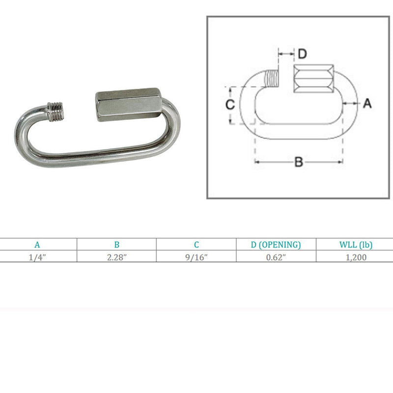 Marine Boat Stainless Steel T316 1/4" Long Quick Link 1200 Lbs WLL Connect Link