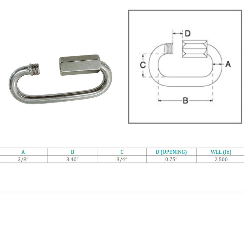 Marine Boat Stainless Steel T316 3/8" Long Quick Link 2500 Lb WLL Connect Link