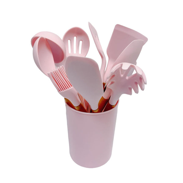 12 Pc Silicone Kitchen Utensil Set Spatula Spoon Pasta Serving Tong Whisk - PINK