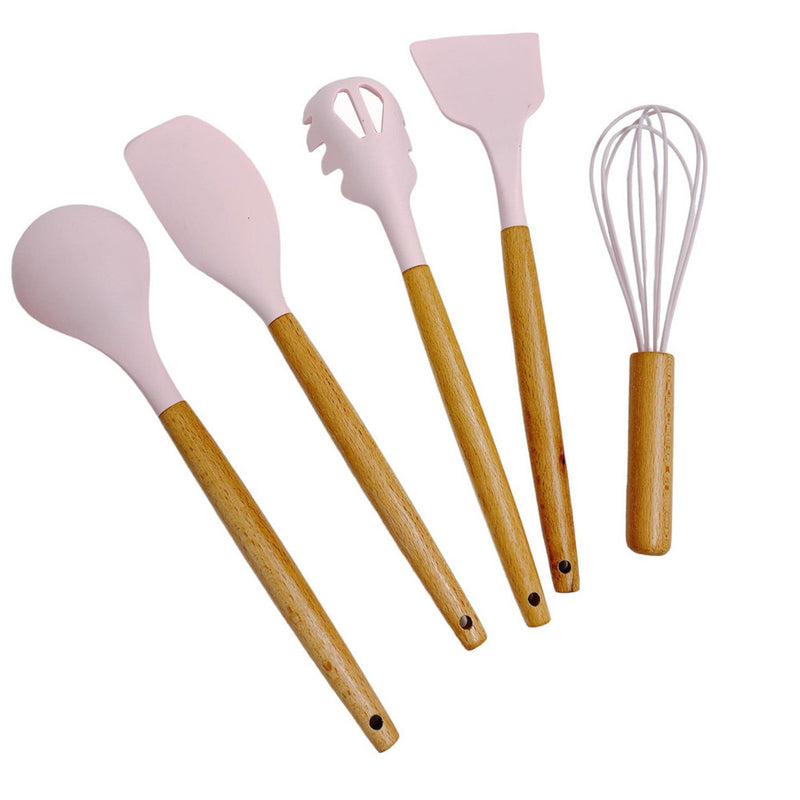 12 Pc Silicone Kitchen Utensil Set Spatula Spoon Pasta Serving Tong Whisk - PINK