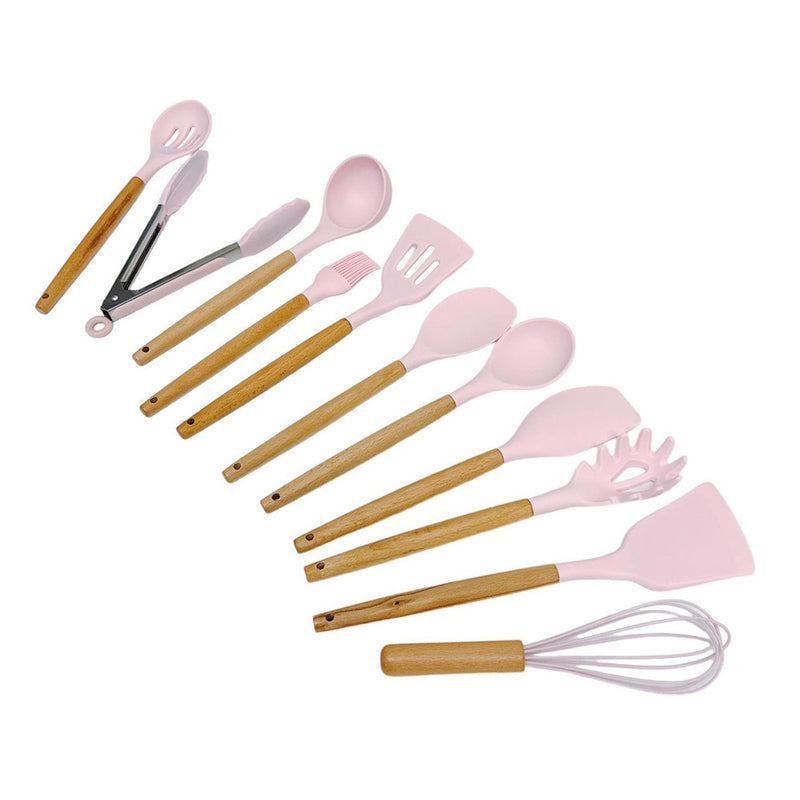 12 Pc Silicone Kitchen Utensil Set Spatula Spoon Pasta Serving Tong Whisk - PINK