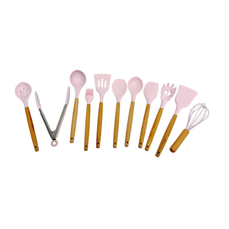 12 Pc Silicone Kitchen Utensil Set Spatula Spoon Pasta Serving Tong Whisk - PINK