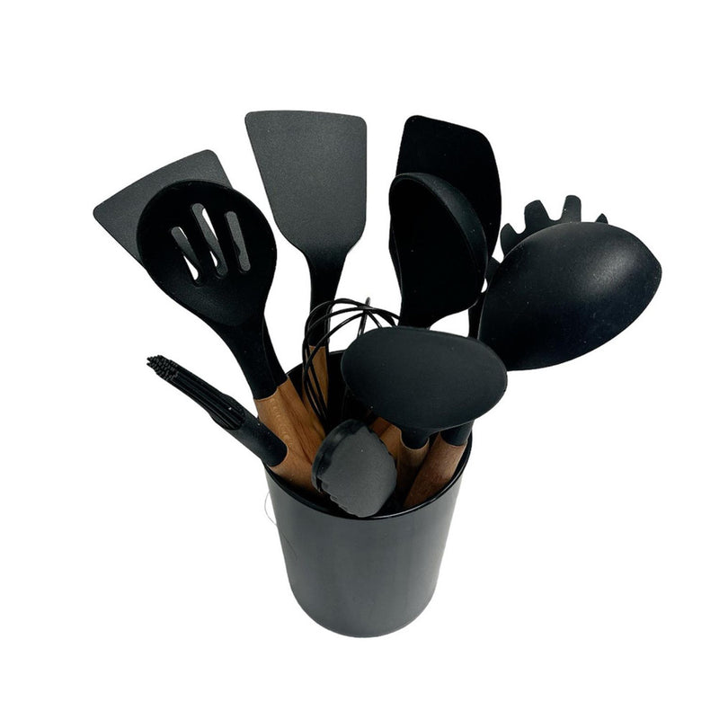 12 Pc Silicone Kitchen Utensil Set Spatula Spoon Pasta Serving Tong Whisk, BLACK