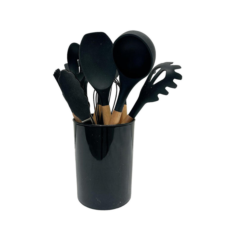 12 Pc Silicone Kitchen Utensil Set Spatula Spoon Pasta Serving Tong Whisk, BLACK