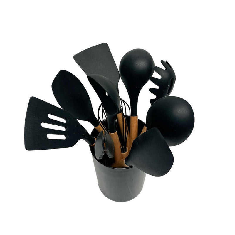 12 Pc Silicone Kitchen Utensil Set Spatula Spoon Pasta Serving Tong Whisk, BLACK