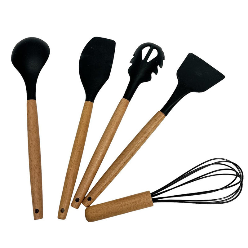 12 Pc Silicone Kitchen Utensil Set Spatula Spoon Pasta Serving Tong Whisk, BLACK