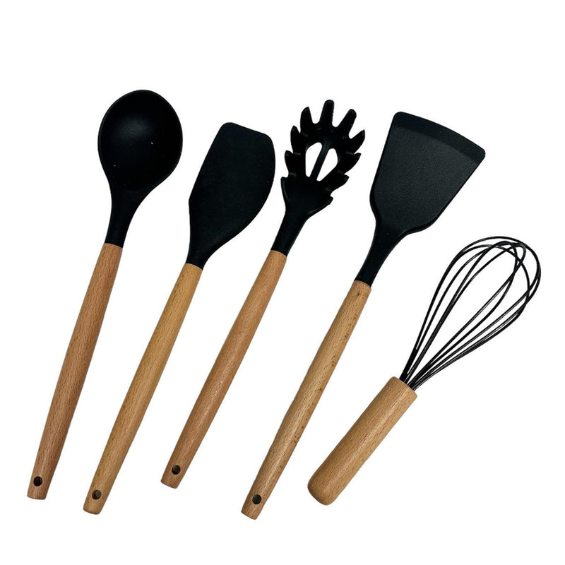 12 Pc Silicone Kitchen Utensil Set Spatula Spoon Pasta Serving Tong Whisk, BLACK