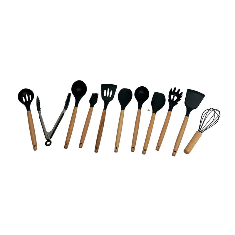 12 Pc Silicone Kitchen Utensil Set Spatula Spoon Pasta Serving Tong Whisk, BLACK