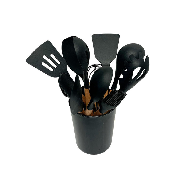 12 Pc Silicone Kitchen Utensil Set Spatula Spoon Pasta Serving Tong Whisk, BLACK