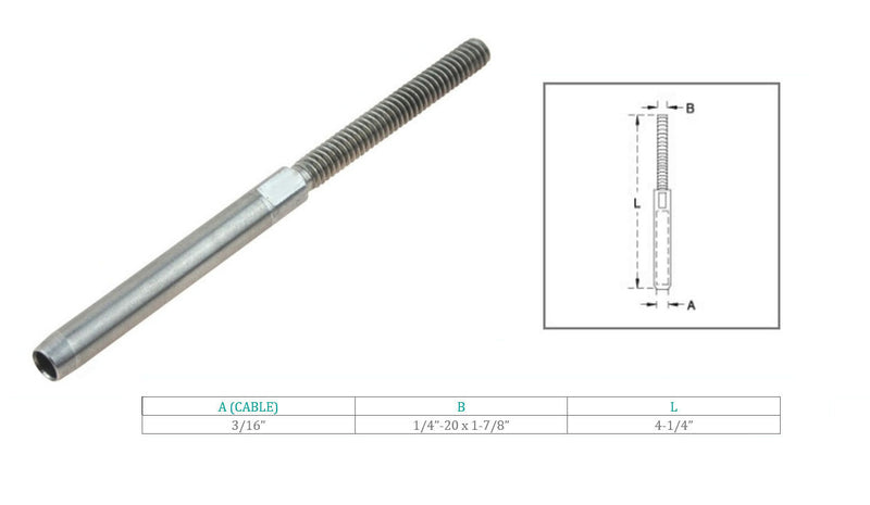 Marine Boat T316 Stainless Steel 3/16" Hand Swage Stud Swage Terminal Cable Rail