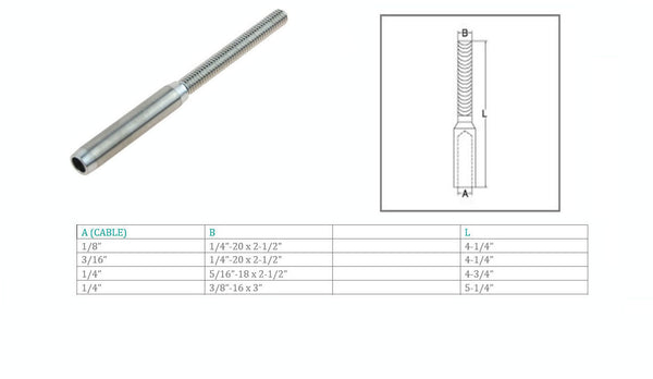 Marine Boat T316 Stainless Steel Hand Swage Lifeline Stud RH Cable Rail