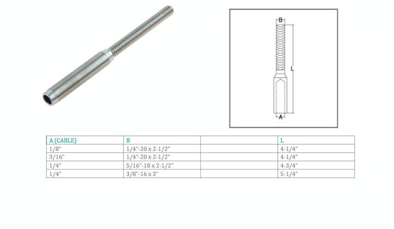 Marine Boat T316 Stainless Steel Hand Swage Lifeline Stud RH Cable Rail