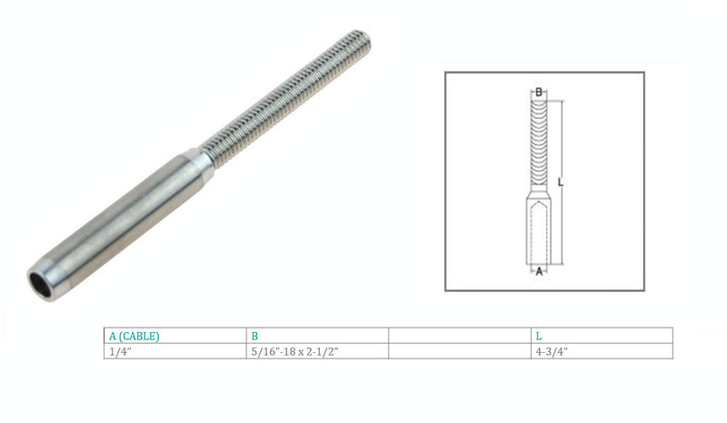 Marine T316 Stainless Steel T316 1/4" Hand Swage Lifeline Stud RH Cable Rail