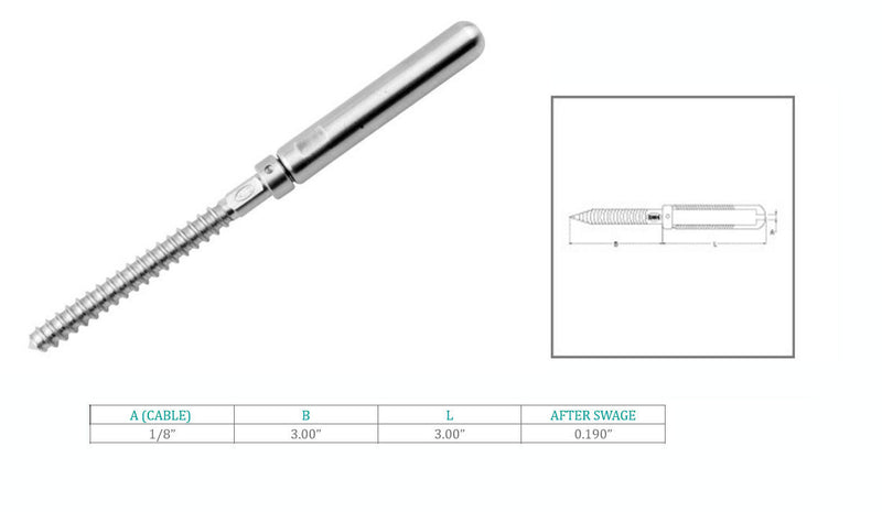Marine Boat T316 Stainless Steel 1/8" Cable Lag Swage Stud Cable Railing Rail
