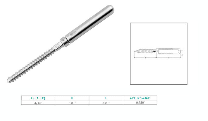 Marine Boat T316 Stainless Steel 3/16" Cable Lag Swage Stud Cable Railing Rail