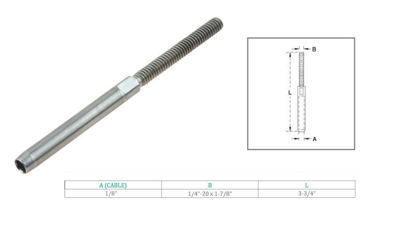 Marine Boat T316 Stainless Steel 1/8" Hand Swage Stud Swage Terminal Cable Rail