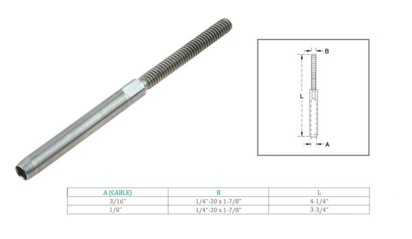Marine Boat T316 Stainless Steel Hand Swage Stud Swage Terminal Cable Rail