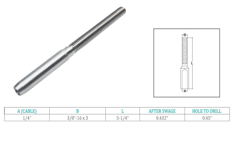 4 Pcs T316 Stainless Steel 1/4" Lifeline Threaded Stud 3/8" Thread Size RH Cable