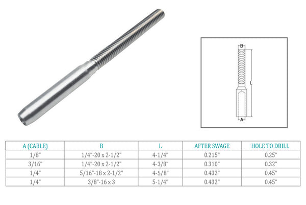 Marine Boat T316 Stainless Steel Lifeline Threaded Stud RH Cable Rail Wire Rope