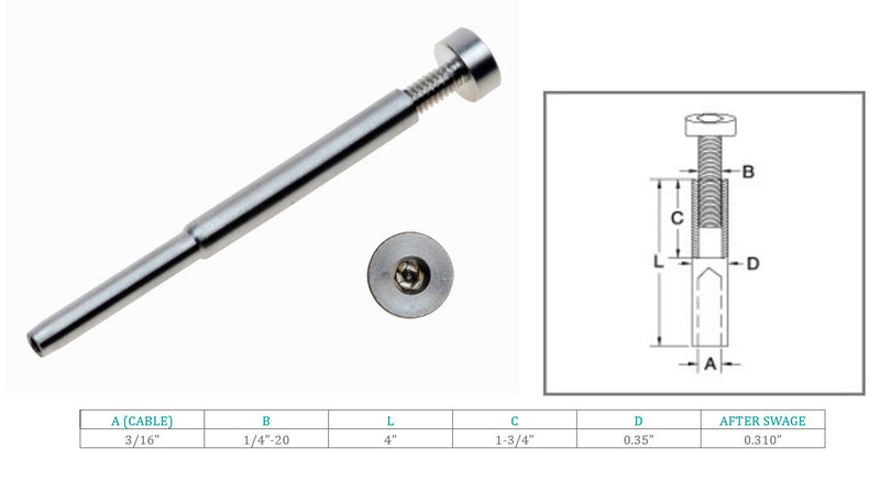 Marine Boat T316 Stainless Steel 3/16" Adjustable Swage Stud Cable Railing Wire