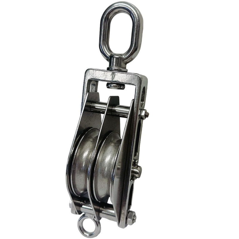 Stainless Steel Double Sheave Swivel Eye Block 3/16" Cable Wire Rope 1450 Lb WLL