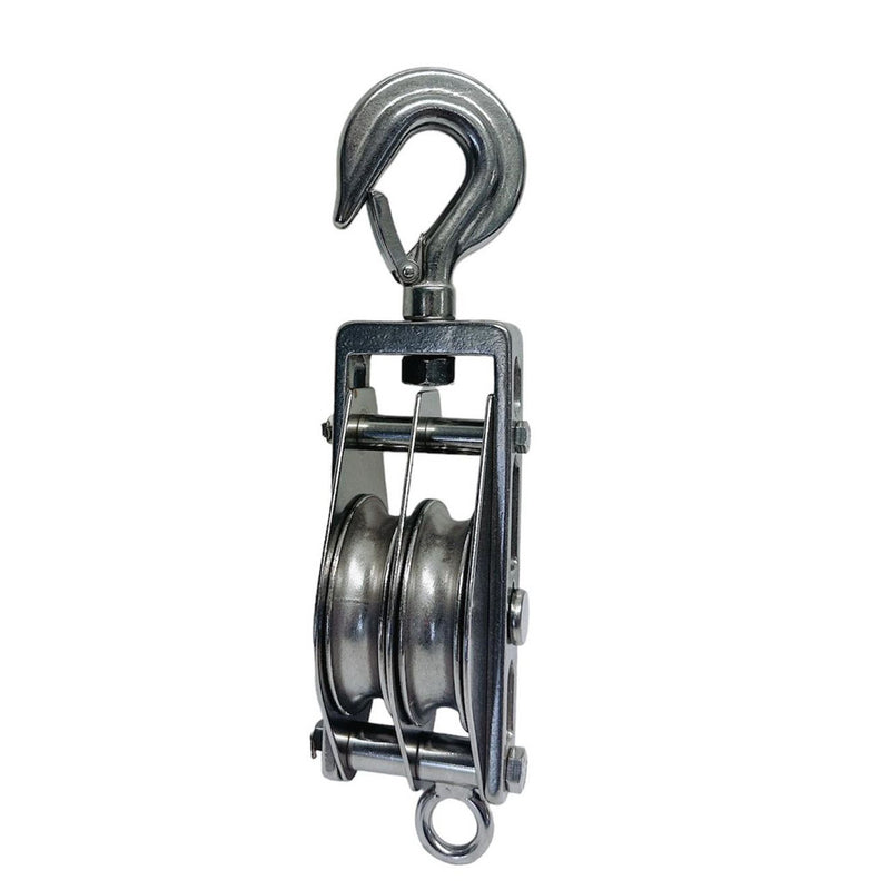 Stainless Steel Double Sheave Swivel Hook Block 3/16" Cable Wire 1450 Lb WLL