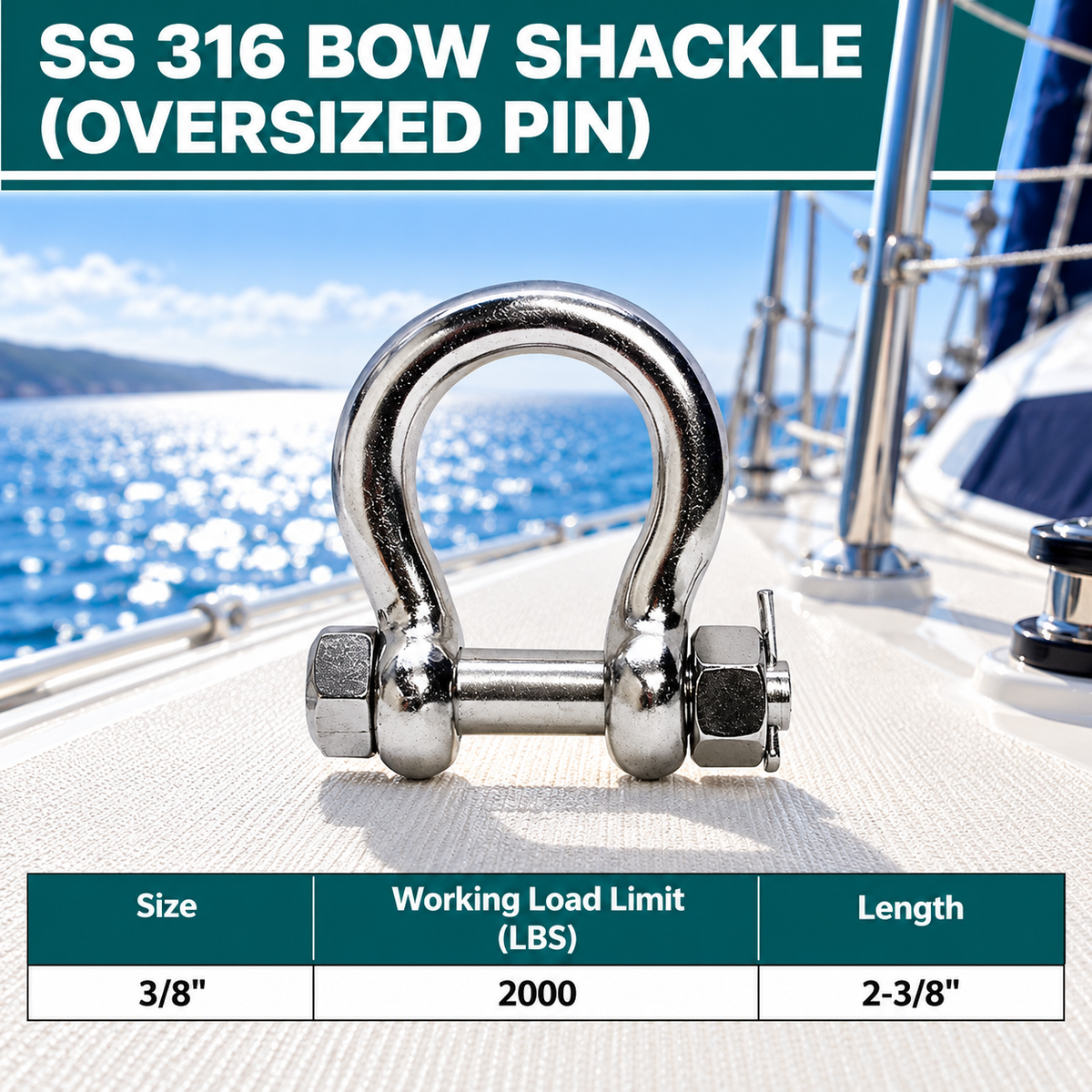 5 Pc Set Stainless Steel 316 Bolt Pin Anchor Shackle with Oversized Pin, Marine Boat Rigging Connector for Chain, Rope, and Cable