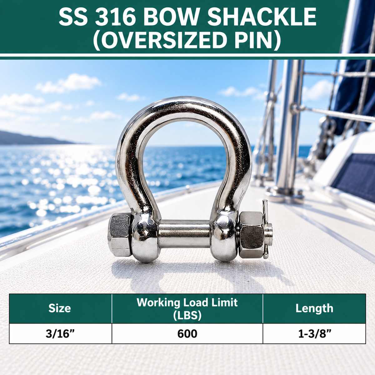 5 Pc Set Stainless Steel 316 Bolt Pin Anchor Shackle with Oversized Pin, Marine Boat Rigging Connector for Chain, Rope, and Cable