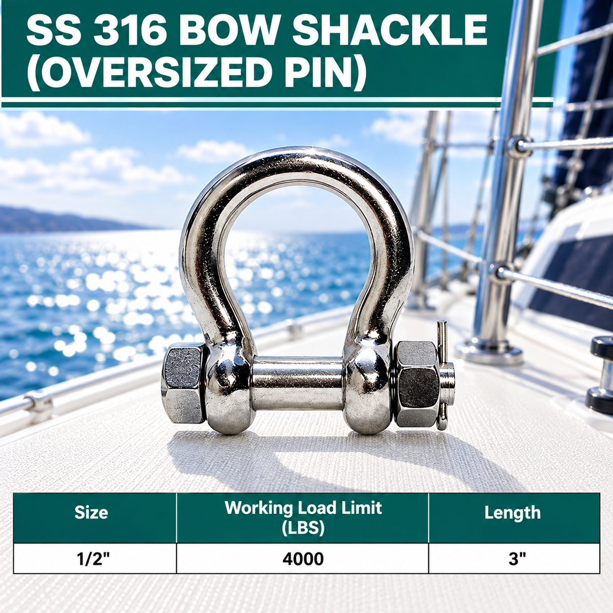 5 Pc Set Stainless Steel 316 Bolt Pin Anchor Shackle with Oversized Pin, Marine Boat Rigging Connector for Chain, Rope, and Cable