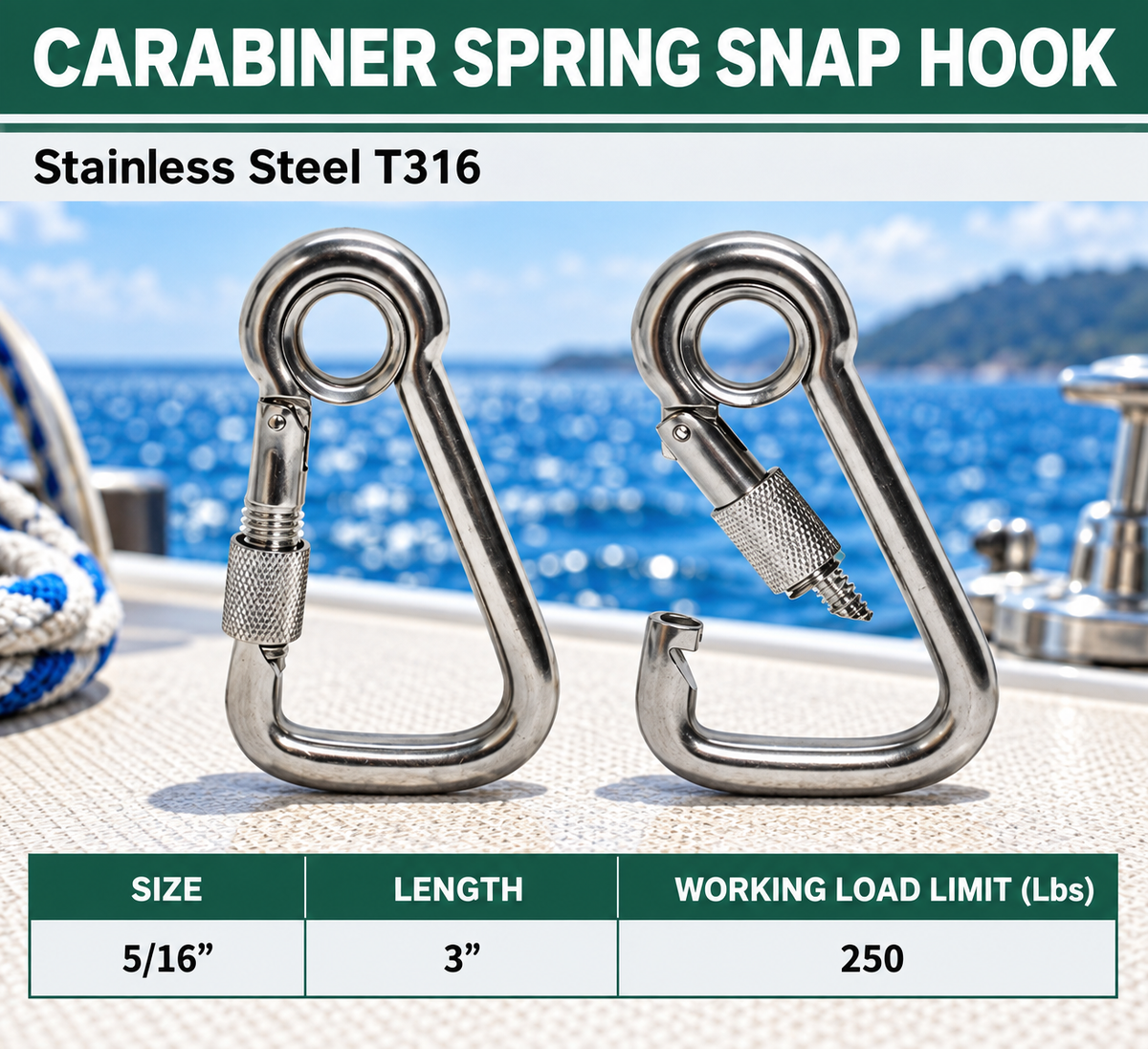 T316 Stainless Steel Angle Spring Snap Hook with Eyelet and Screw, 5 Pack Marine Grade Boat Clip for Rope and Cable