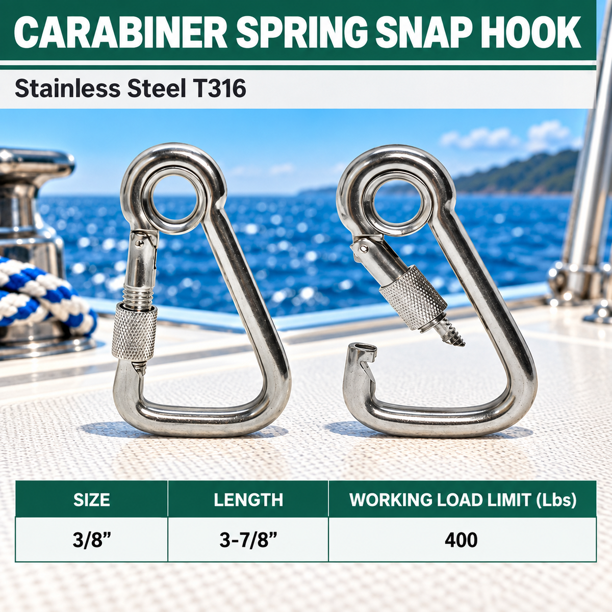 T316 Stainless Steel Angle Spring Snap Hook with Eyelet and Screw, 5 Pack Marine Grade Boat Clip for Rope and Cable