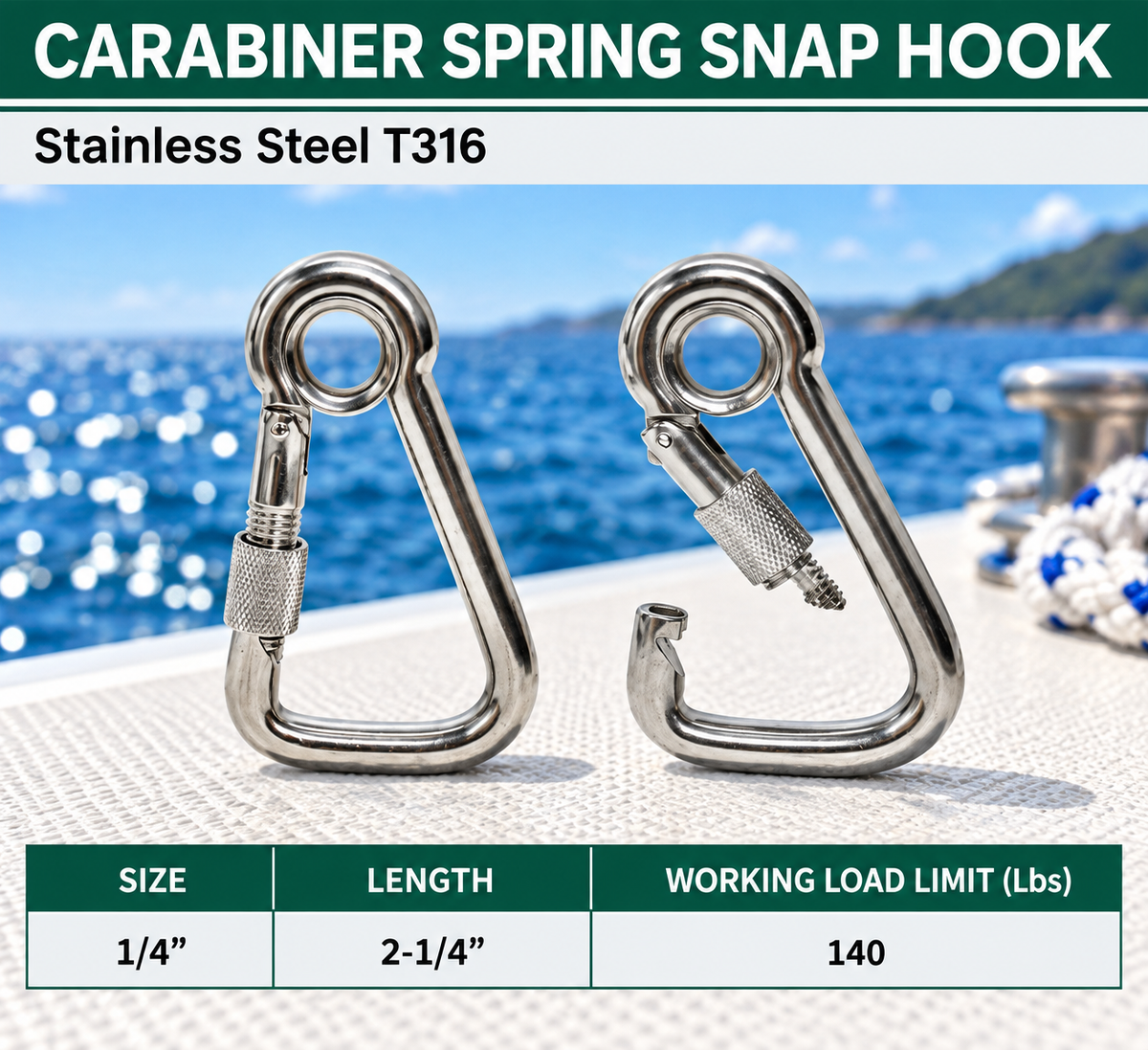 T316 Stainless Steel Angle Spring Snap Hook with Eyelet and Screw, 5 Pack Marine Grade Boat Clip for Rope and Cable