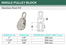 5 Pc Set T316 Stainless Steel Single Pulley Swivel Eye Hoist, Marine Rigging Pulley for Rope and Cable in 1", 1-1/4", and 2" Sizes