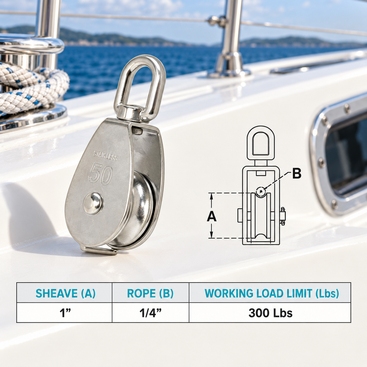 5 Pc Set T316 Stainless Steel Single Pulley Swivel Eye Hoist, Marine Rigging Pulley for Rope and Cable in 1", 1-1/4", and 2" Sizes
