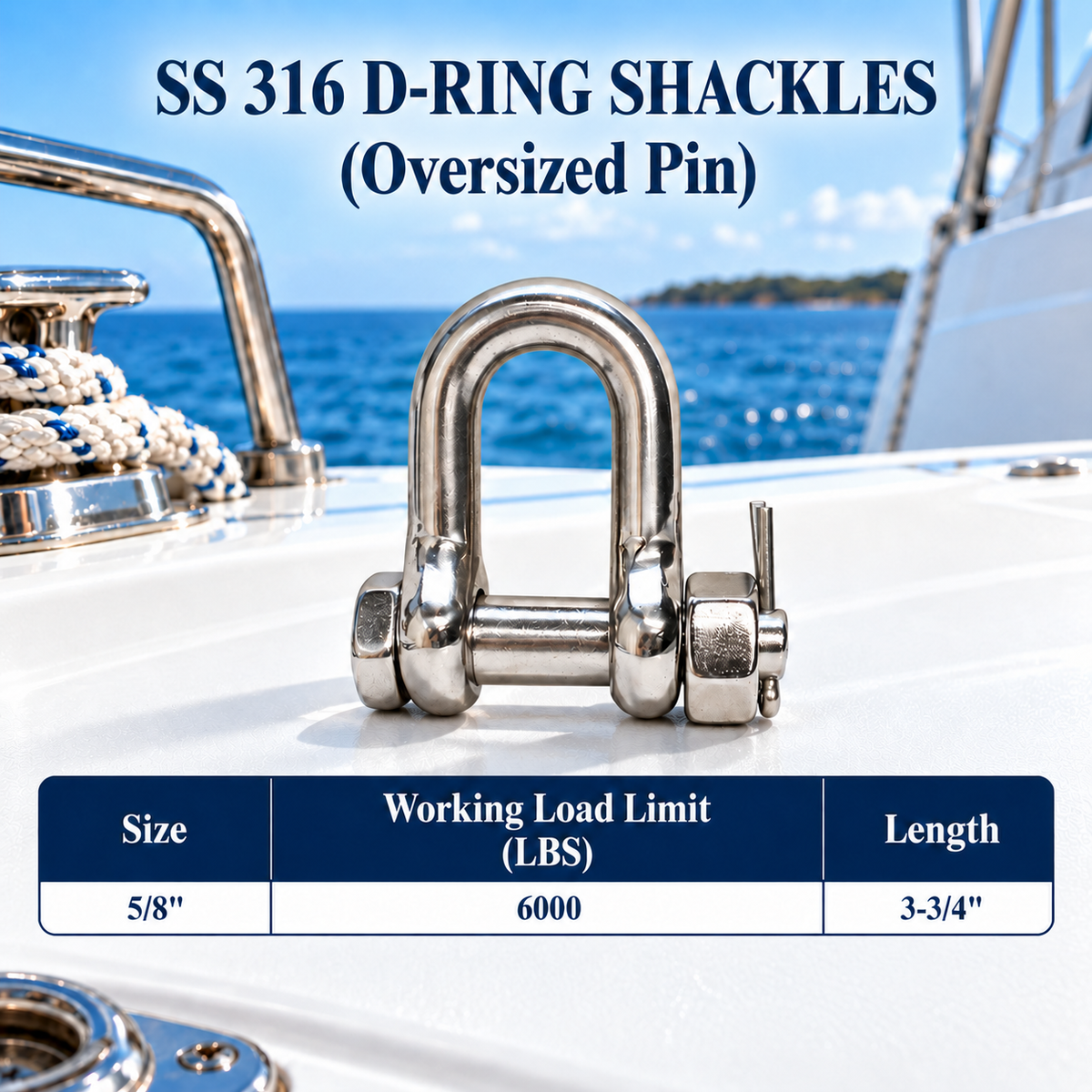Stainless Steel 316 Bolt Pin Chain D-RING SHACKLES 3/16" to 3/4" Oversized Pin