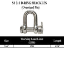 Stainless Steel 316 Bolt Pin Chain D-RING SHACKLES 3/16" to 3/4" Oversized Pin