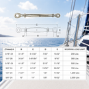 5 Pc Set T316 Stainless Steel Eye Eye Closed Body Turnbuckle, Marine Rigging Tensioner 3/16", 1/4", 5/16", and 3/8" Sizes