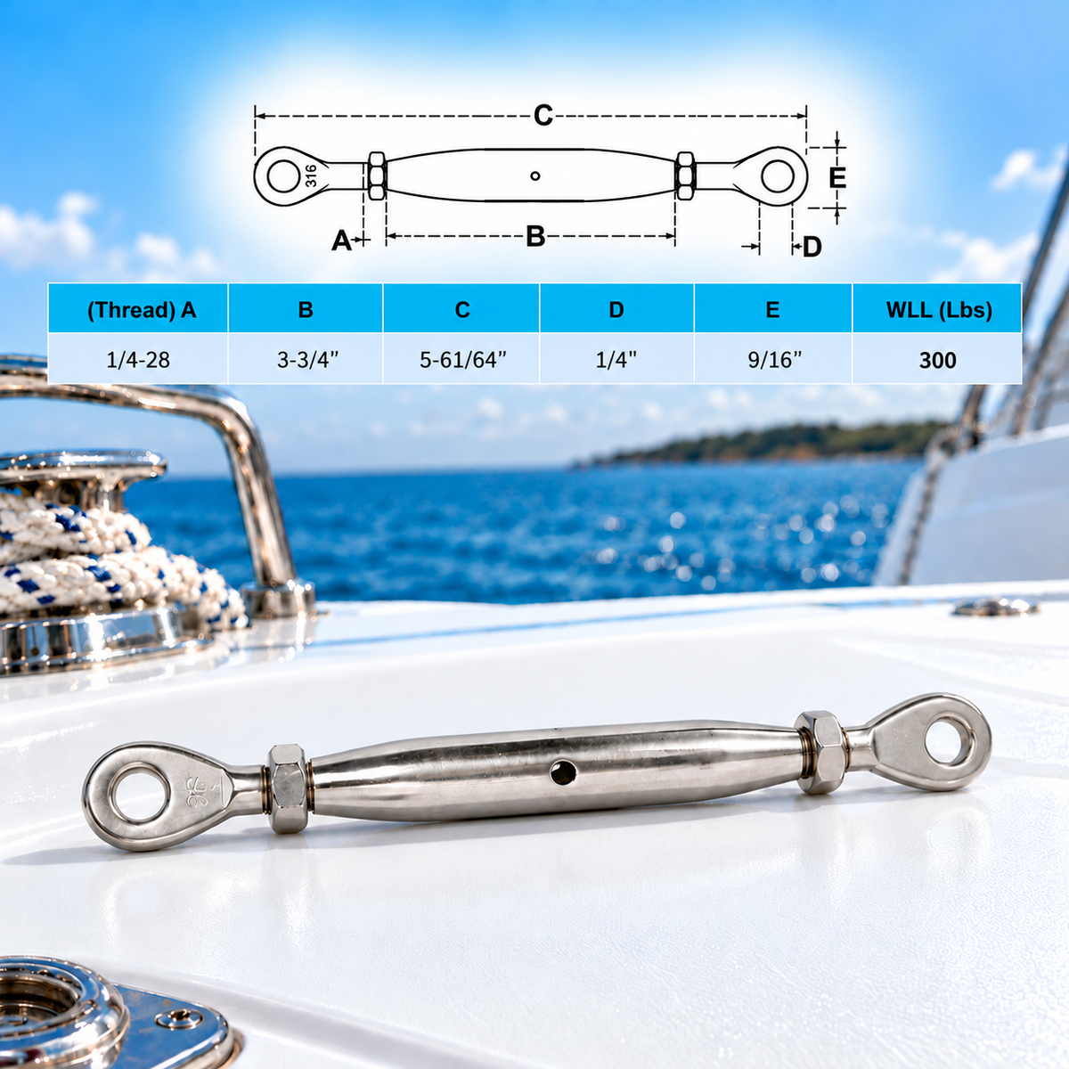 5 Pc Set T316 Stainless Steel Eye Eye Closed Body Turnbuckle, Marine Rigging Tensioner 3/16", 1/4", 5/16", and 3/8" Sizes