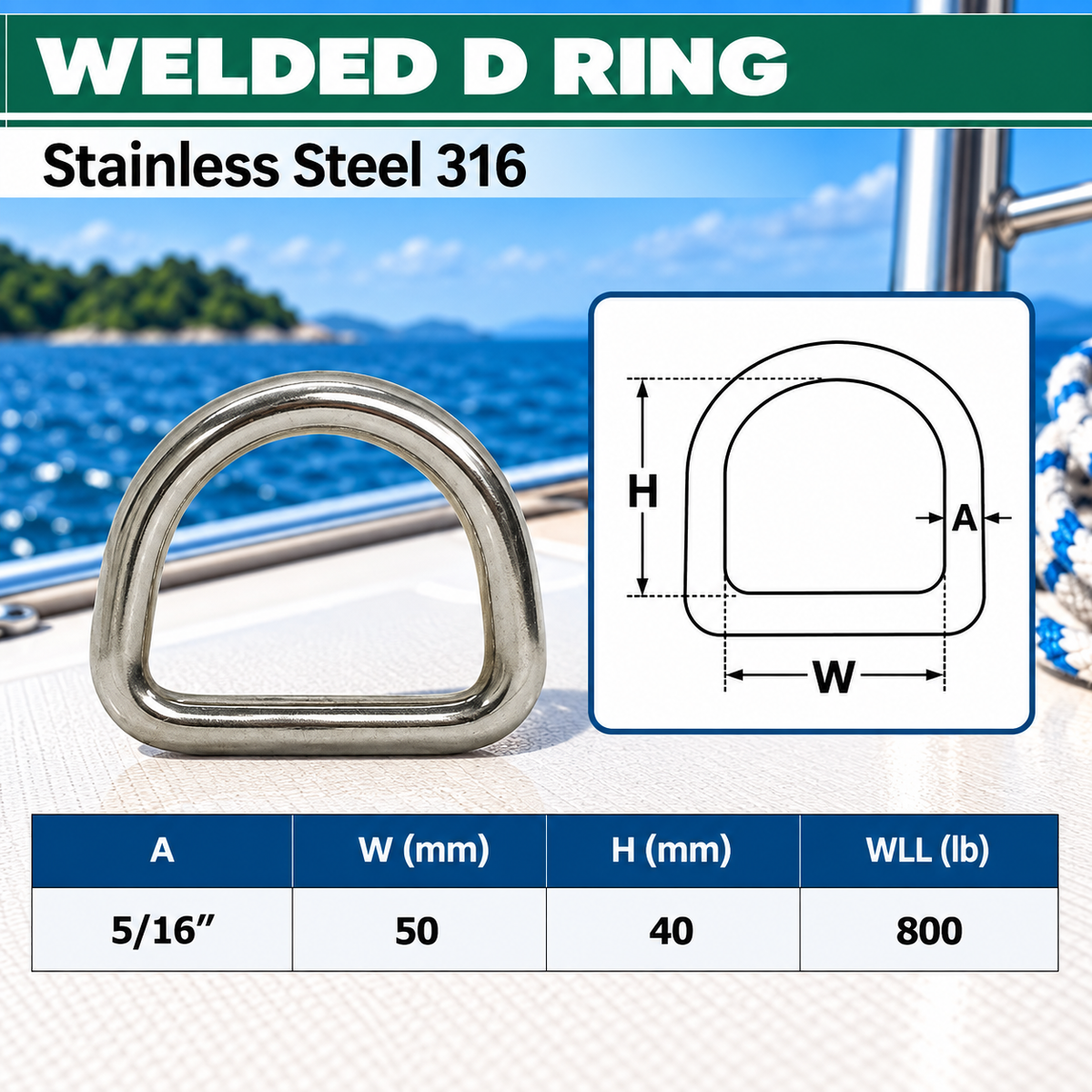 5 Pc Set 5/16" Marine Boat Stainless Steel D Ring, Welded Formed D-Ring for Rigging, Lifting, Tie Down, and Outdoor Use