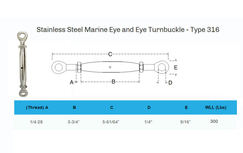 5 PC 1/4'' Marine Stainless Steel Closed Body Turnbuckle EYE EYE Rig 300 Lbs