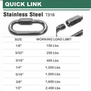 Stainless Steel 316 Quick Link 1/8", 5/32", 3/16", 1/4", 5/16", 3/8", 1/2"